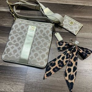 Coach C signature metallic gold crossbody bag with matching card holder